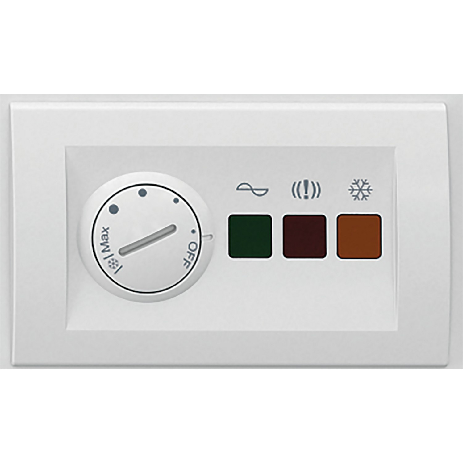 Interrupteur mural blanc avec un bouton rotatif, trois boutons colorés et des icônes de ventilateur et de flocon de neige.