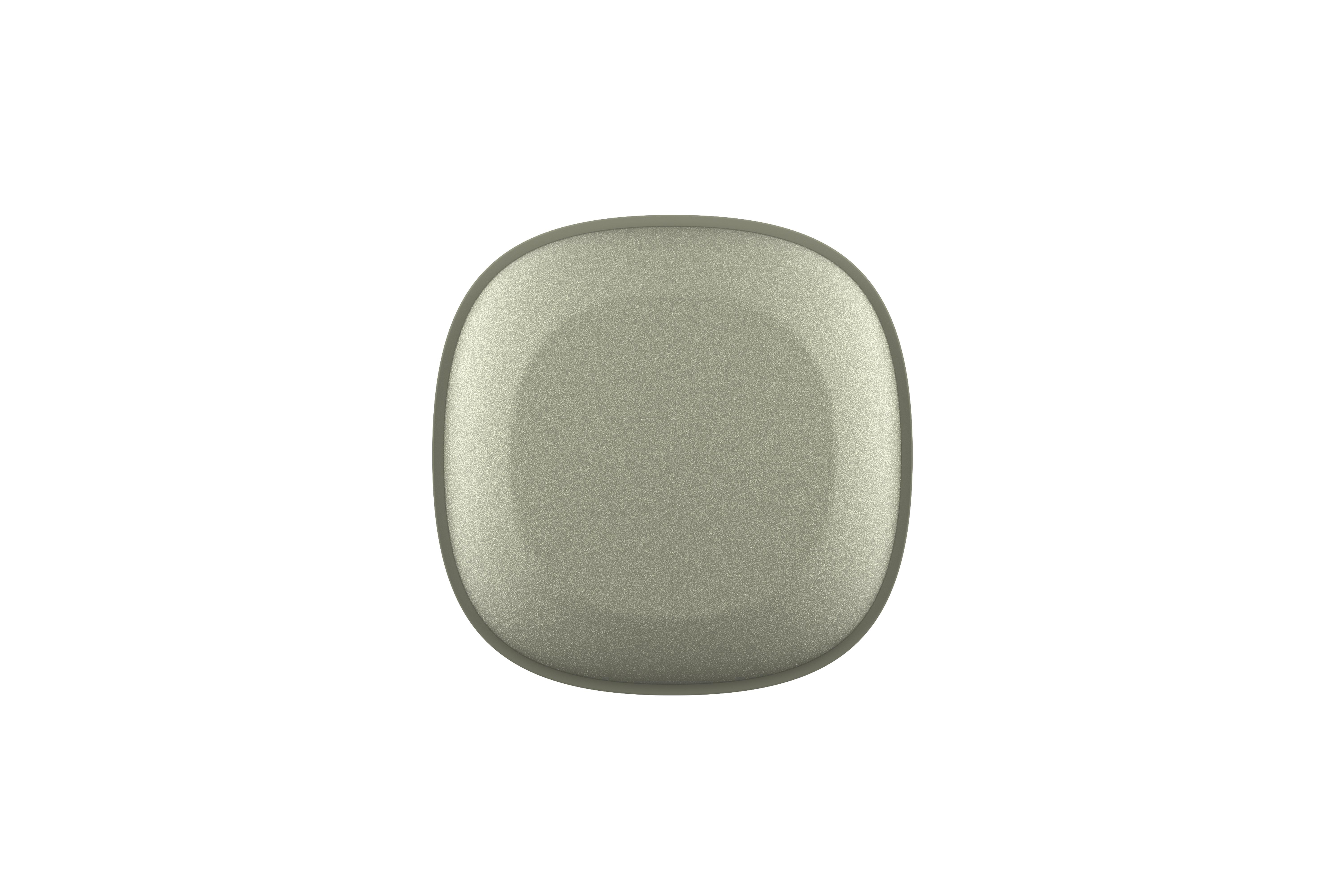 Silberfarbener, oval geformter Gegenstand. Die Oberfläche ist strukturiert und matt.