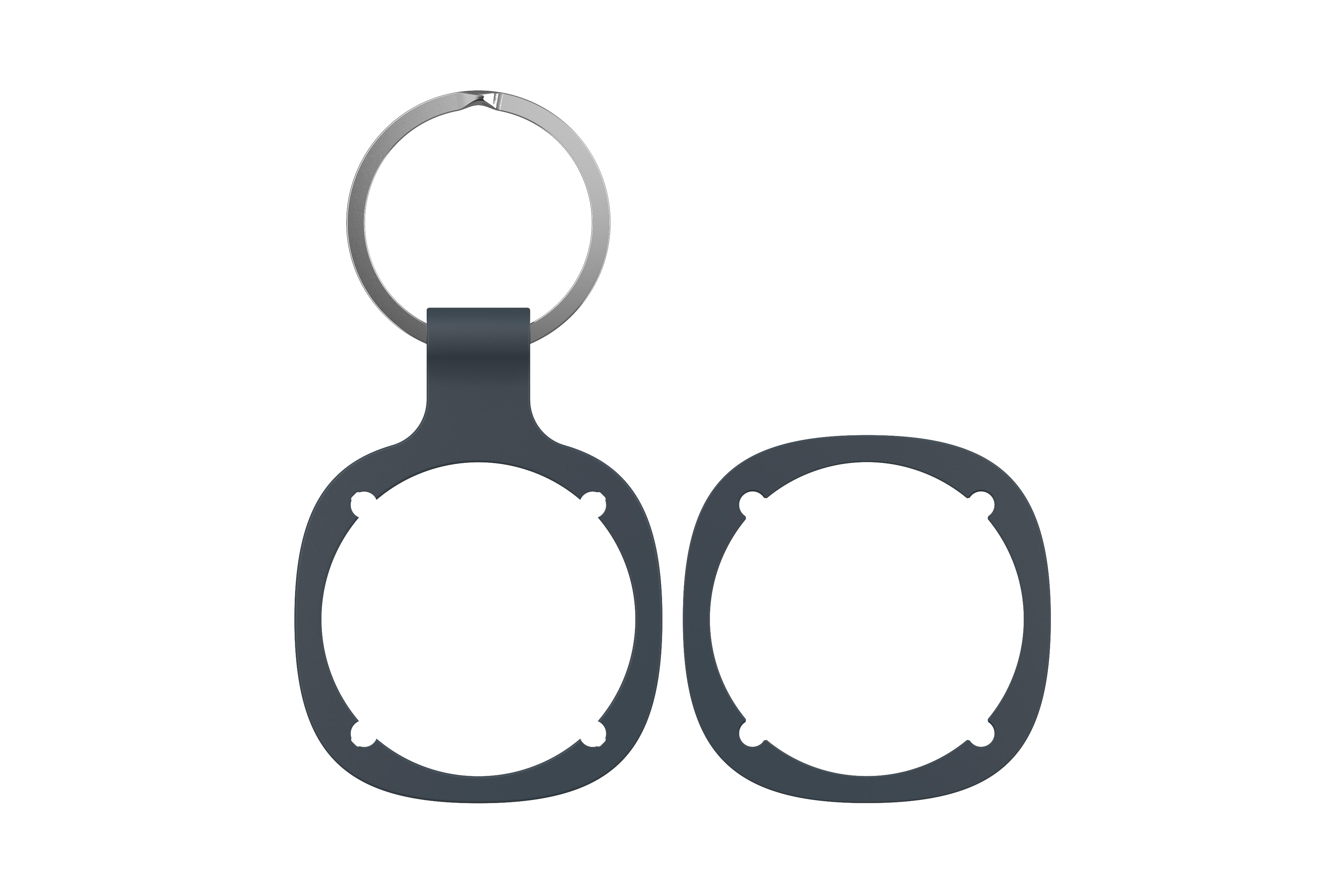Dunkelgrauer AirTag-Halter mit Schlüsselring, neben einem separaten Halter.