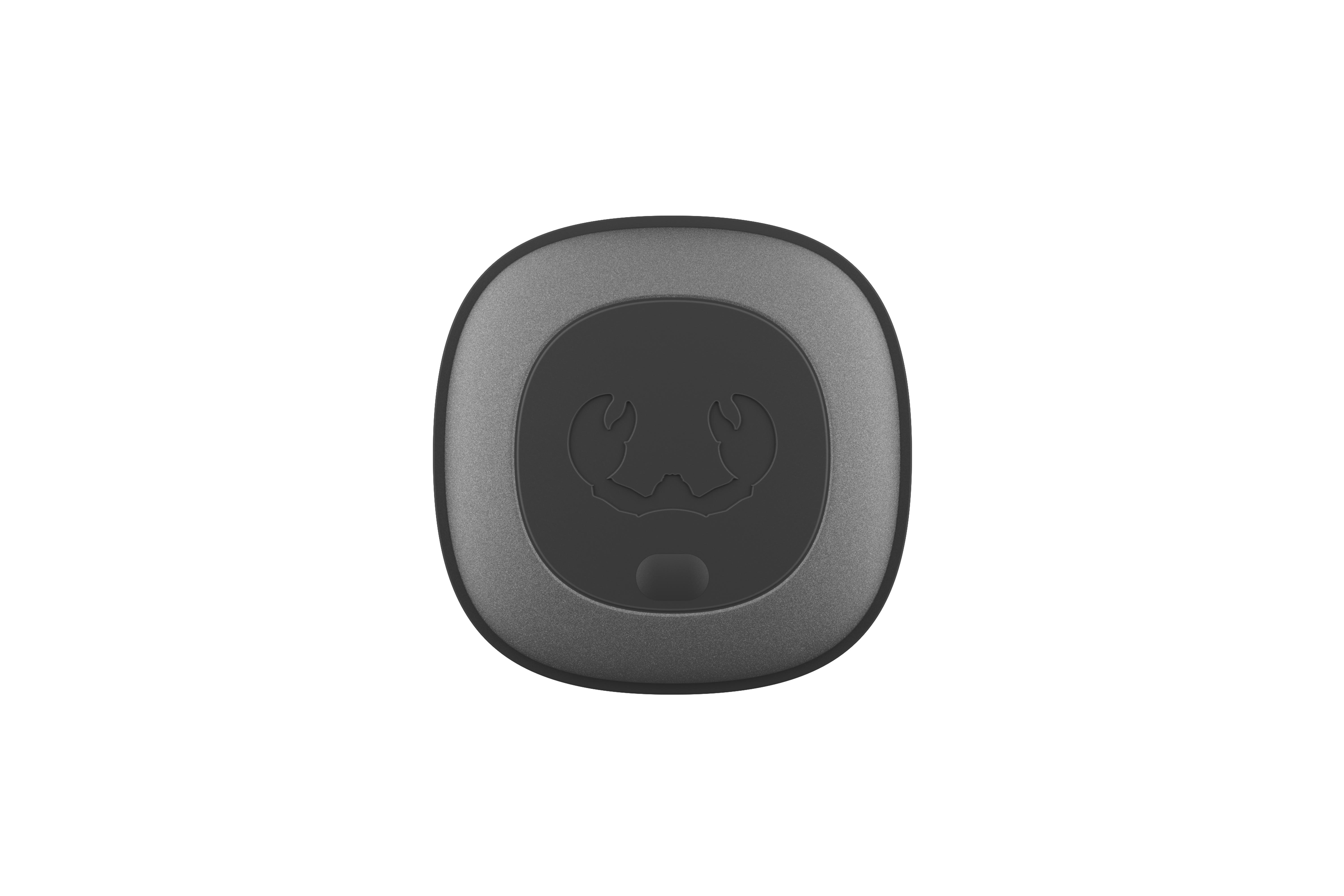 Ein schwarzer, kreisförmiger Knopf mit einem Krabben-Symbol, auf weißem Hintergrund.