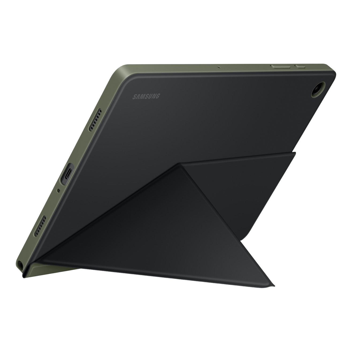 Green tablet case with black interior, open and propped up. Samsung logo visible.