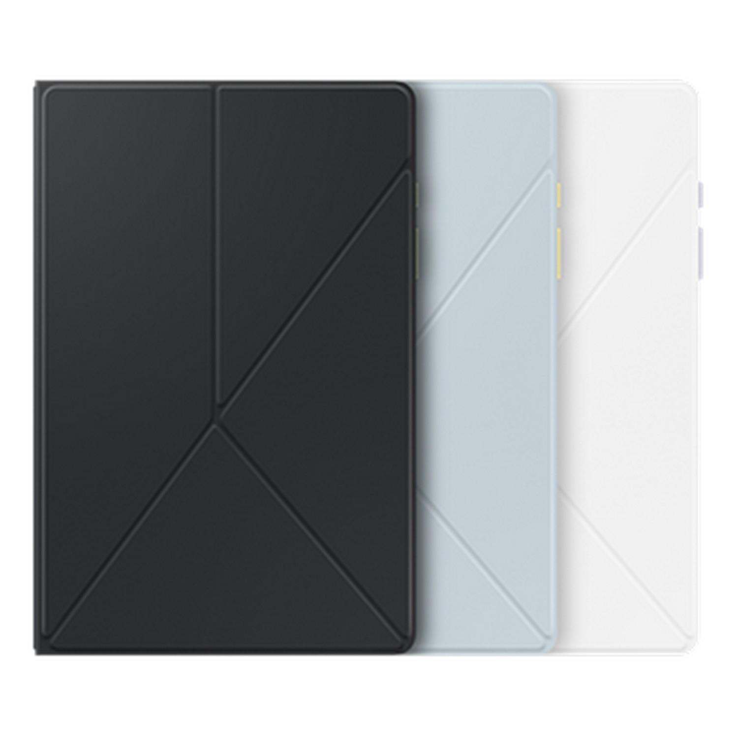 Three phone cases in black, light blue, and white are on a white background.