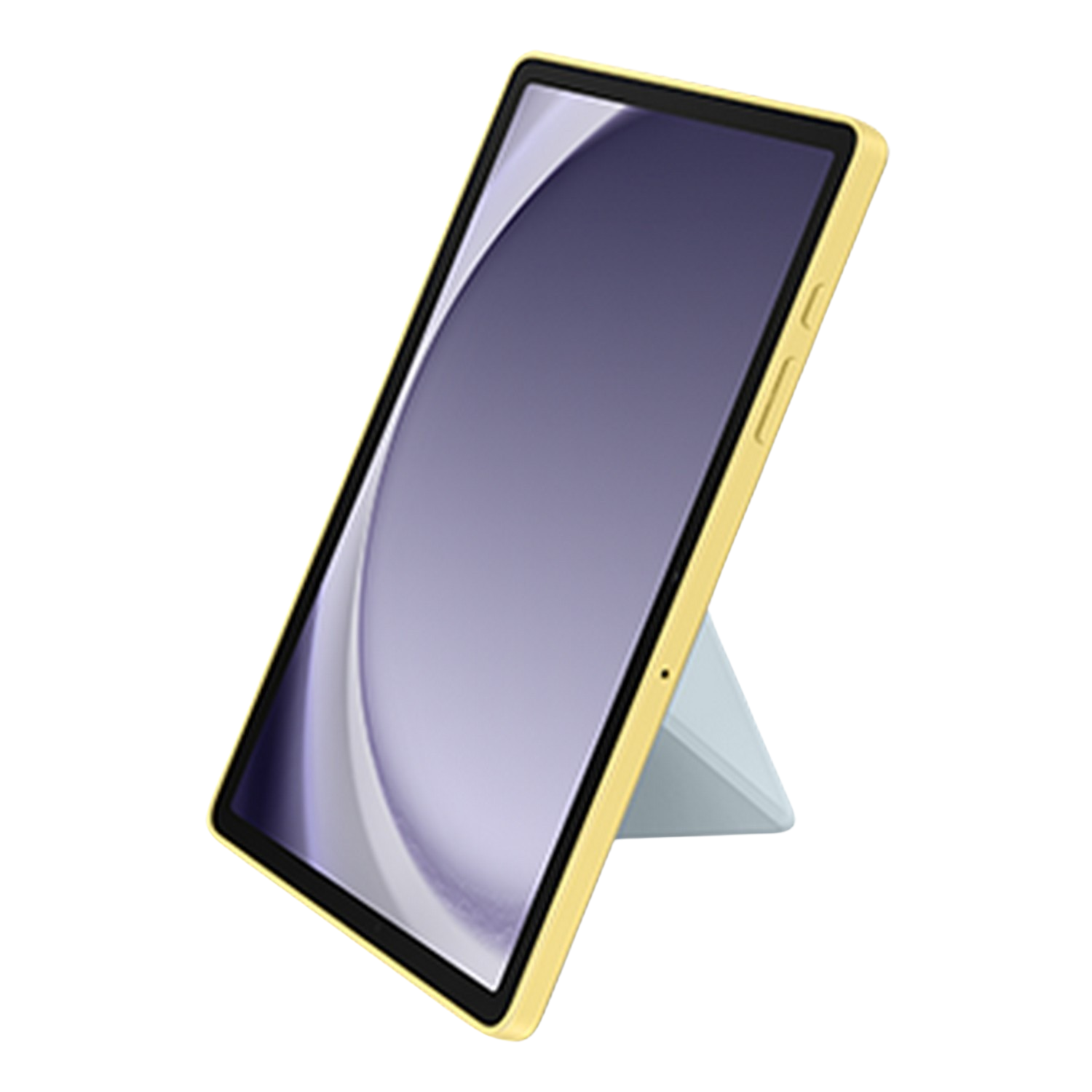 Tablet in a yellow case with a light blue stand, angled view, against a black background.