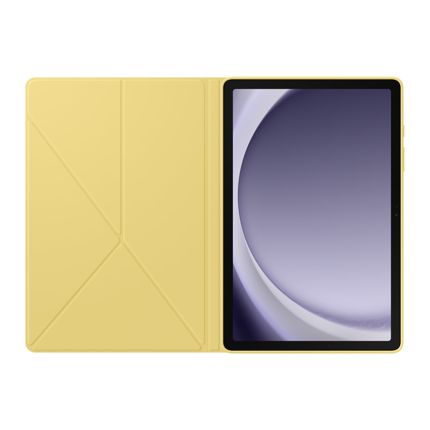Yellow tablet with a case open, showing the screen.