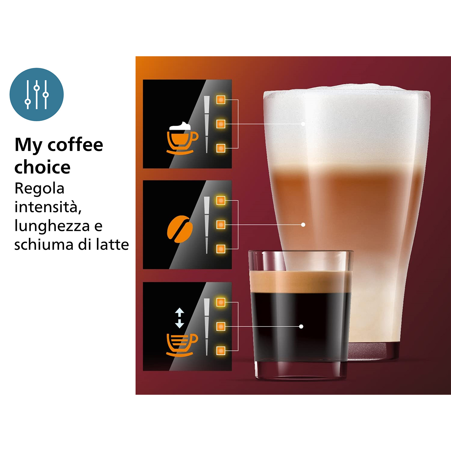 Illustrazione delle scelte di caffè. Caffè, latte e espresso. Mostra intensità, dimensione e schiuma di latte.
