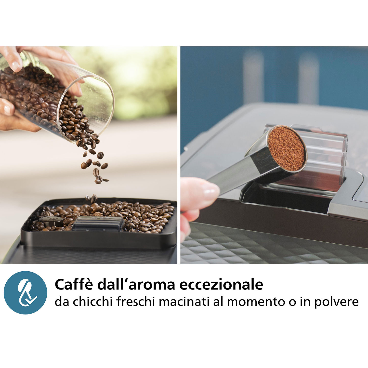 L'immagine mostra chicchi di caffè versati e caffè macinato misurato, con testo: 'Caffè dall'aroma eccezionale'.