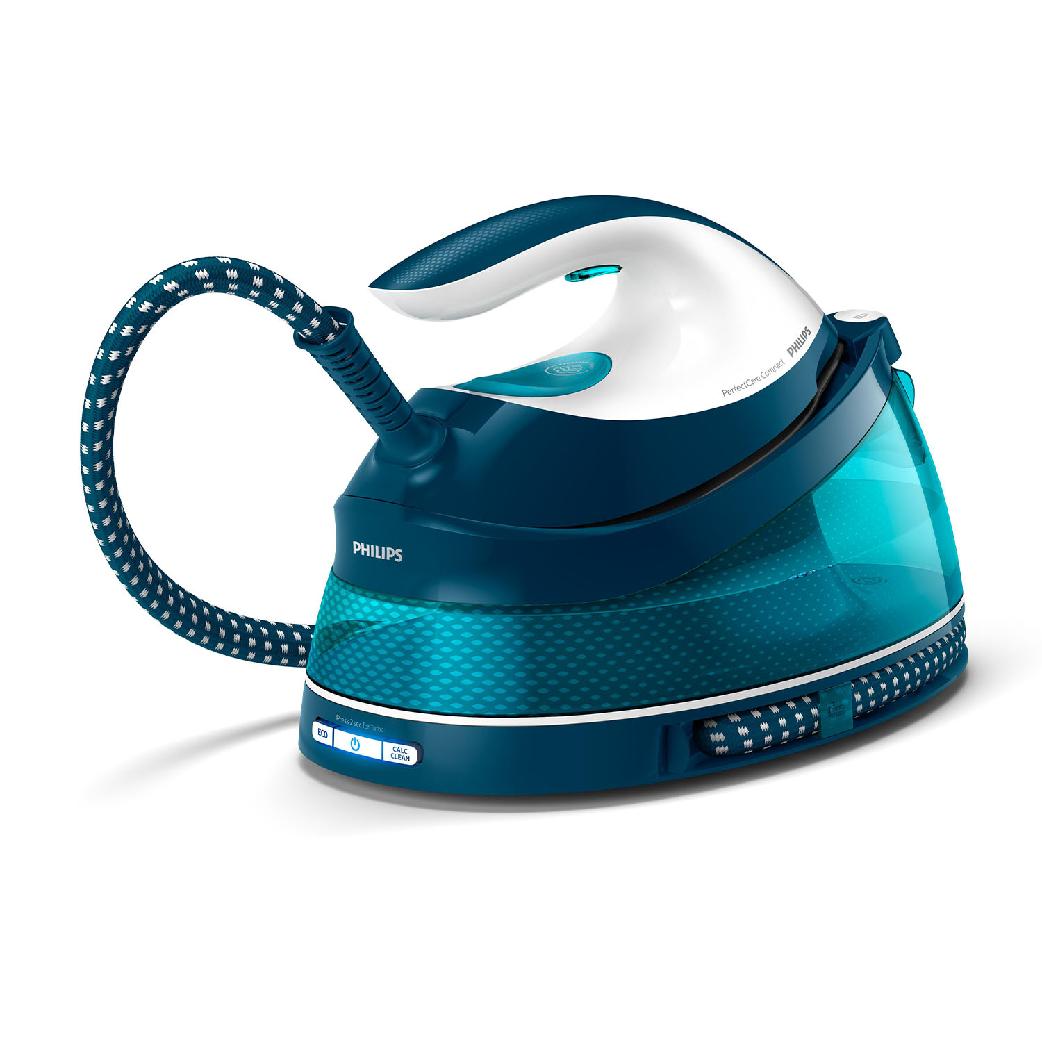Ferro da stiro Philips turchese e bianco con cavo blu. Sfondo bianco.