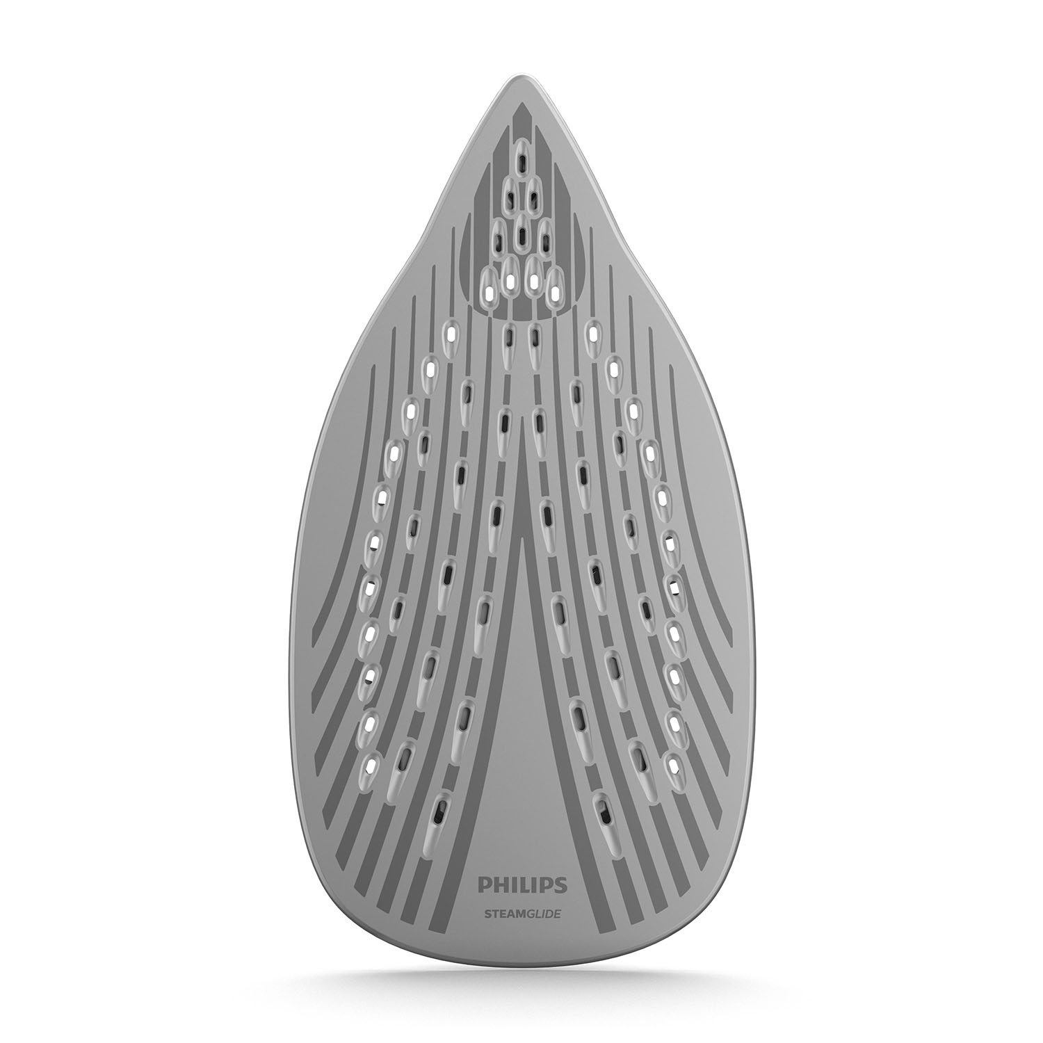 Primo piano della base di un ferro da stiro Philips Steamglide, che mostra i fori e il logo Philips.