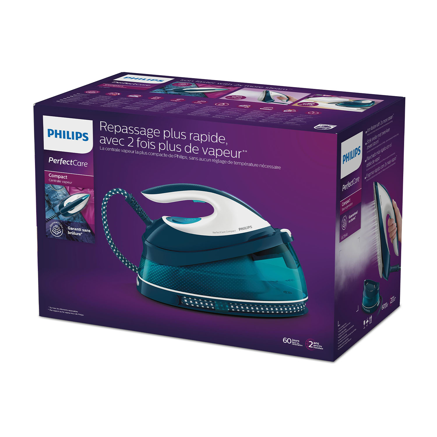 Scatola del ferro da stiro Philips PerfectCare. La scatola è blu scuro con testo bianco e immagine del ferro.