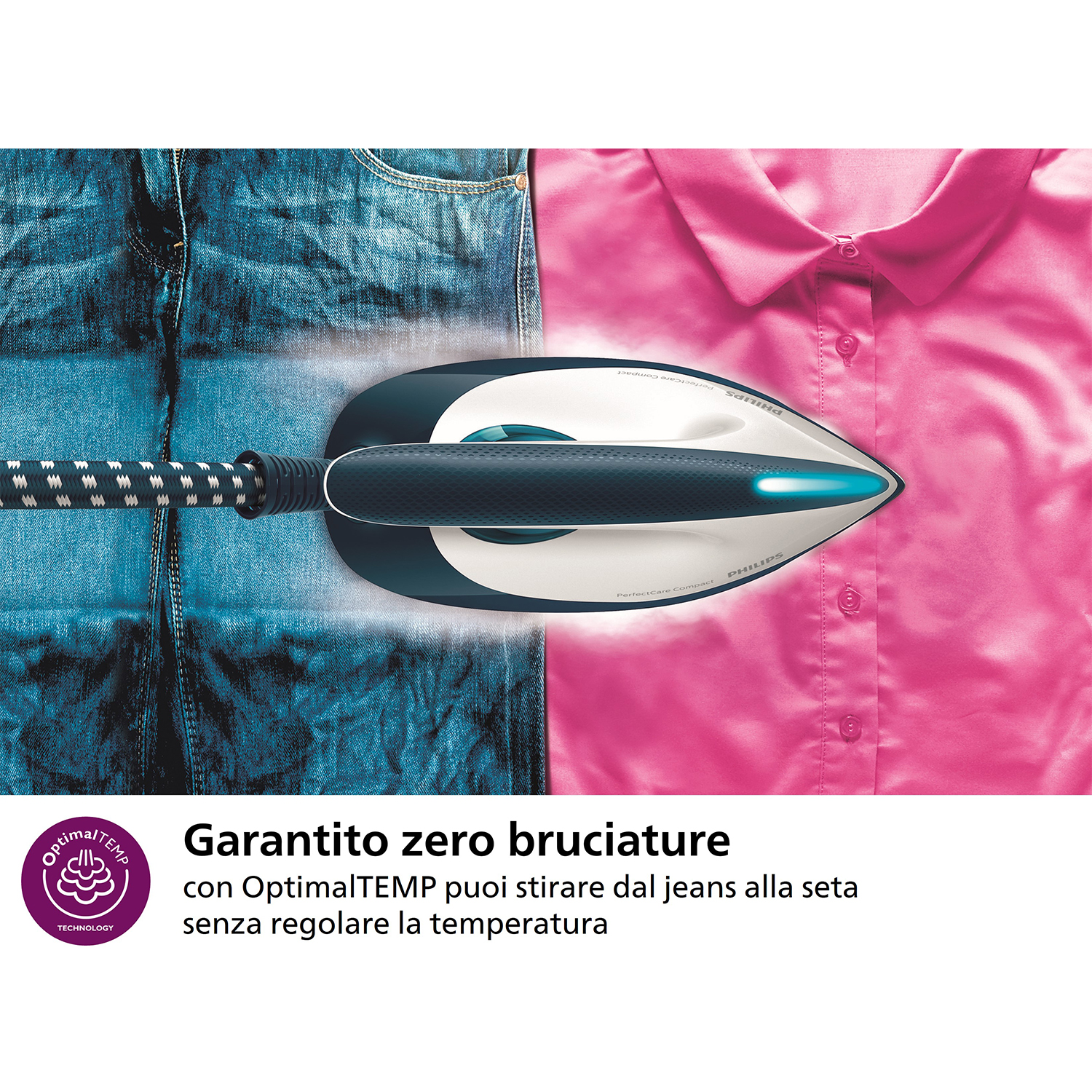 Un ferro da stiro che stira jeans blu e seta rosa; il ferro ha OptimalTEMP e funzione vapore.