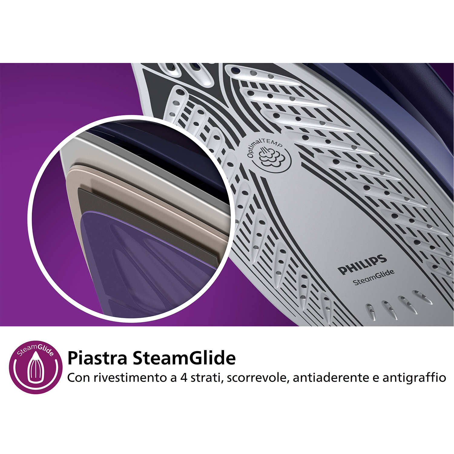 Primo piano della piastra del ferro: base metallica con fori, elemento viola, logo Philips.
