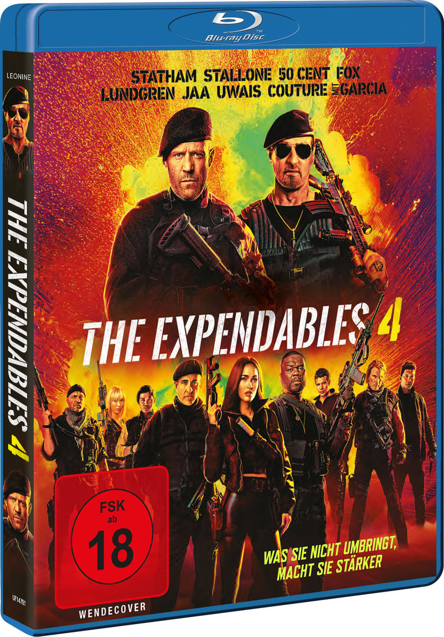 The Expendables 4 Blu-ray-Cover mit Hauptdarstellern. Enthält Filmtitel und Bewertungsetikett.
