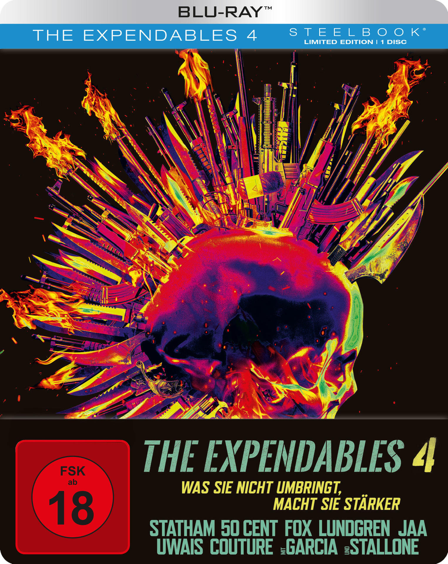 Filmposter, Totenkopf mit Messern, Flammen, Text. Schwarzer Hintergrund, rot und gelb.
