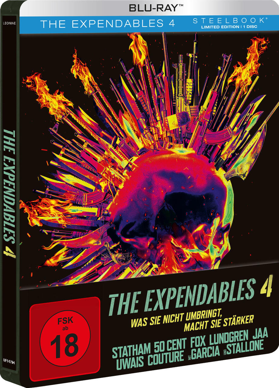 Blu-ray-Cover für 'The Expendables 4'. Ein Totenkopf mit Waffen in Flammen.
