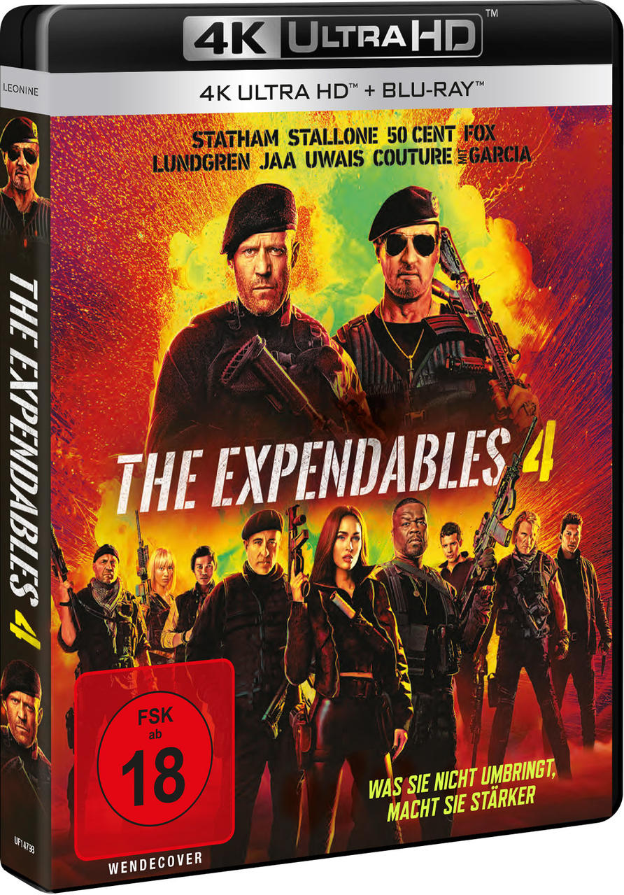 Das Cover von The Expendables 4 mit Action-Schauspielern, u.a. Statham und Stallone.