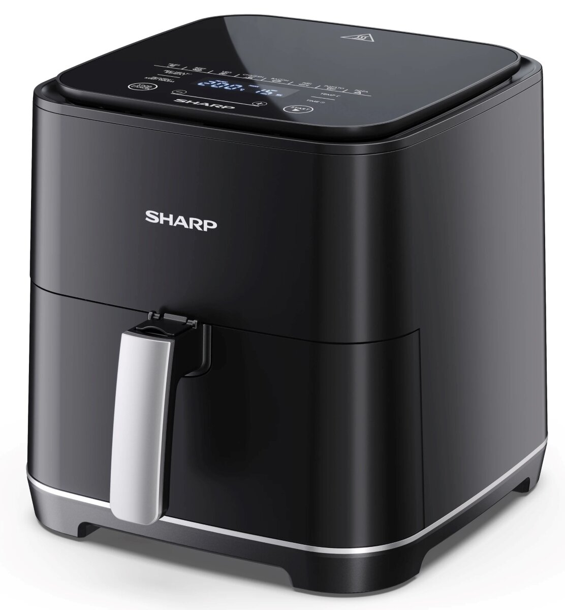 Czarna frytkownica powietrzna z wyświetlaczem cyfrowym i uchwytem, na białym tle.