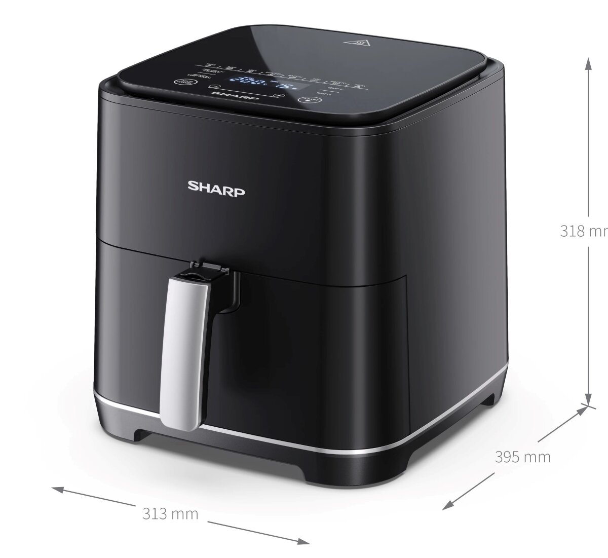 Czarna frytkownica beztłuszczowa Sharp z wymiarami w mm. Białe tło.