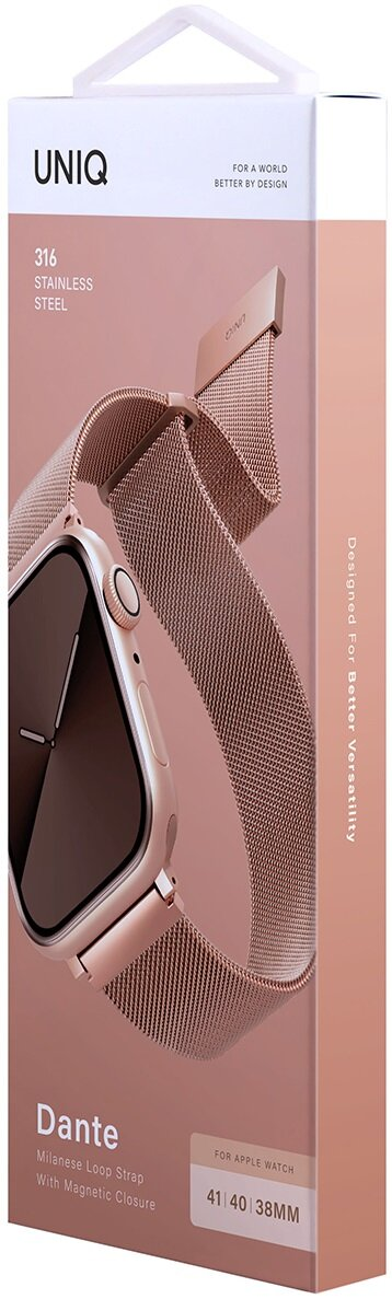 Złoty róż Apple Watch z paskiem Milanese loop w pudełku.