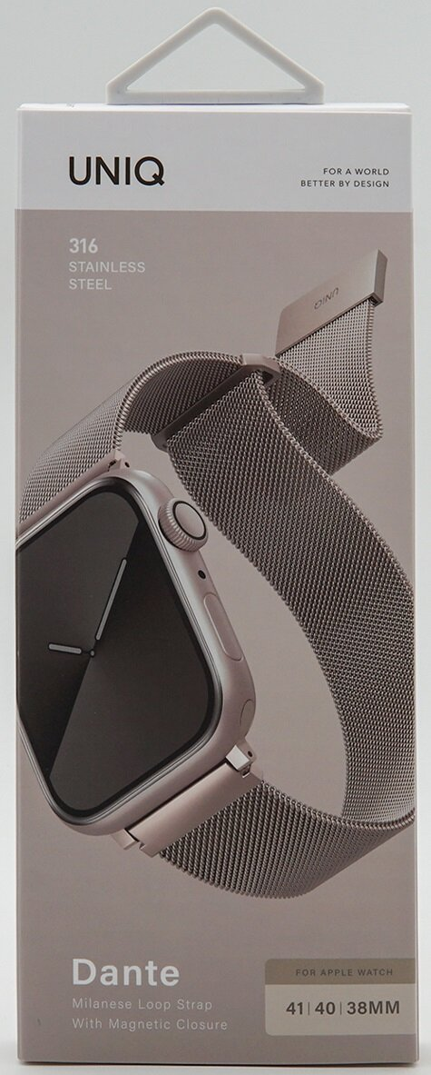 Srebrny Apple Watch ze srebrnym paskiem. Pasek jest w pudełku. Widoczny tekst 'Dante'.