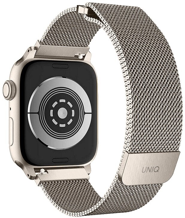 Apple Watch z metalową bransoletą z siatki. Zegarek pokazuje tył, a bransoleta jest przymocowana.