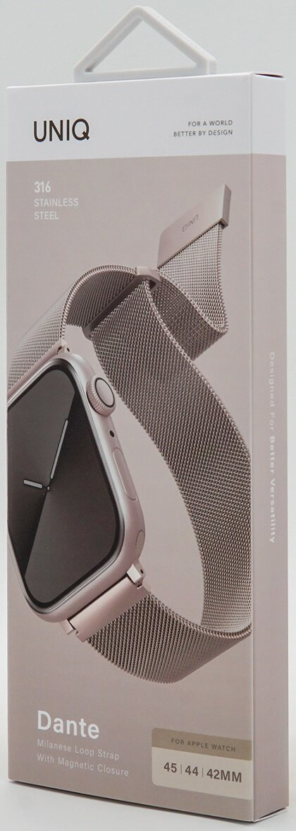 Pudełko z paskiem do zegarka. Pasek jest srebrny i ma siatkowy wzór.