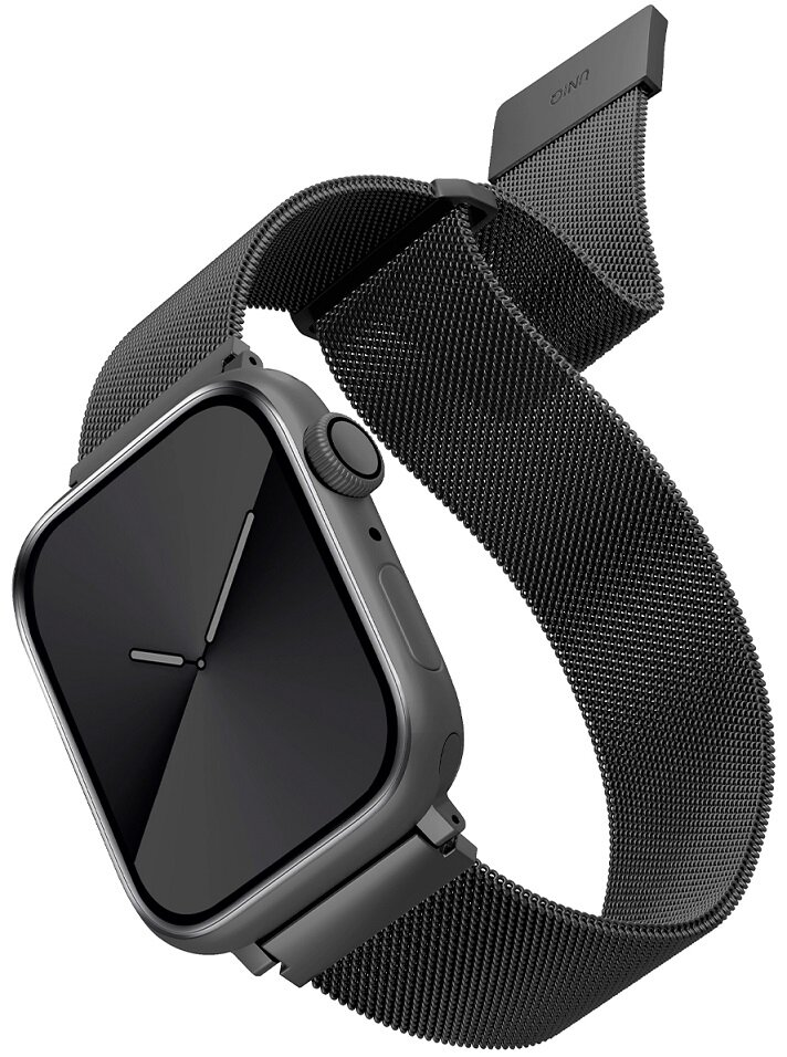 Czarny smartwatch z czarnym paskiem. Zegarek pokazuje czas. Pasek jest siatkowy.