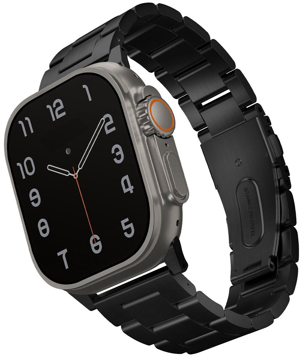 Apple Watch Ultra z czarnym paskiem, pokazujący godzinę i okrągły interfejs.