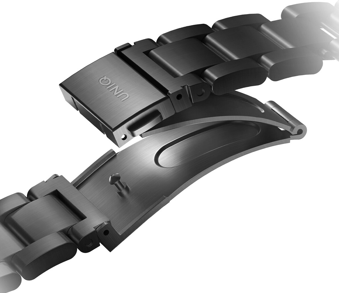 Zbliżenie zapięcia paska do zegarka. Zapięcie jest otwarte, widać markę UNIQ.