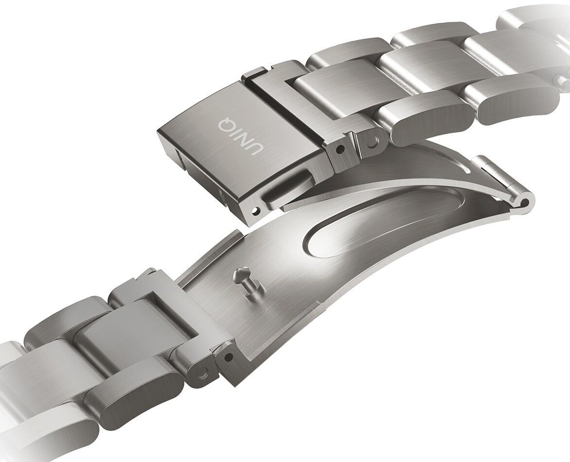 Srebrne zapięcie paska do zegarka częściowo otwarte, z widocznym logo UNIQ.