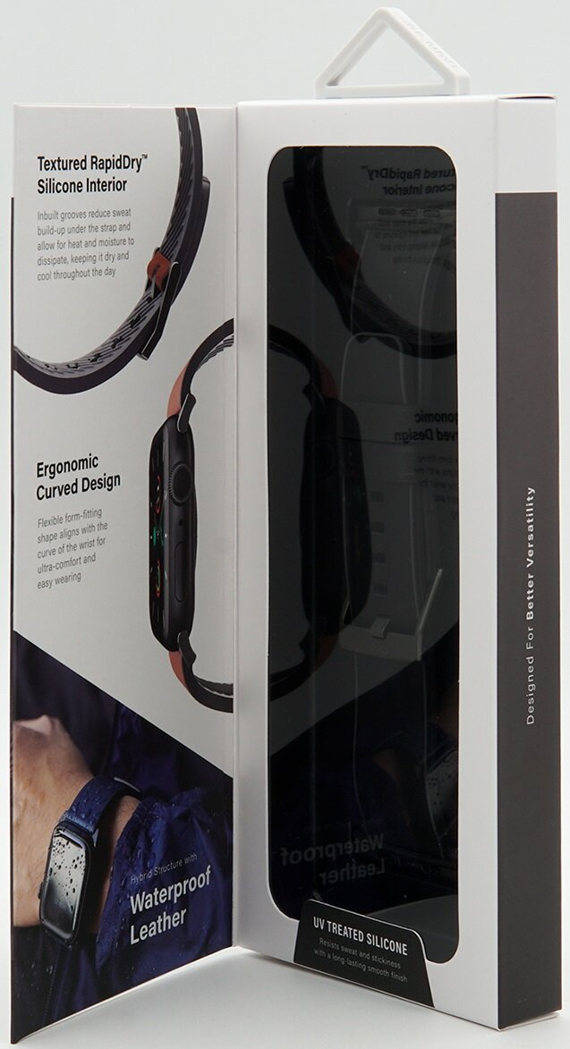 Opakowanie paska do smartwatcha. Pokazuje pasek i jego funkcje. Biały i czarny.