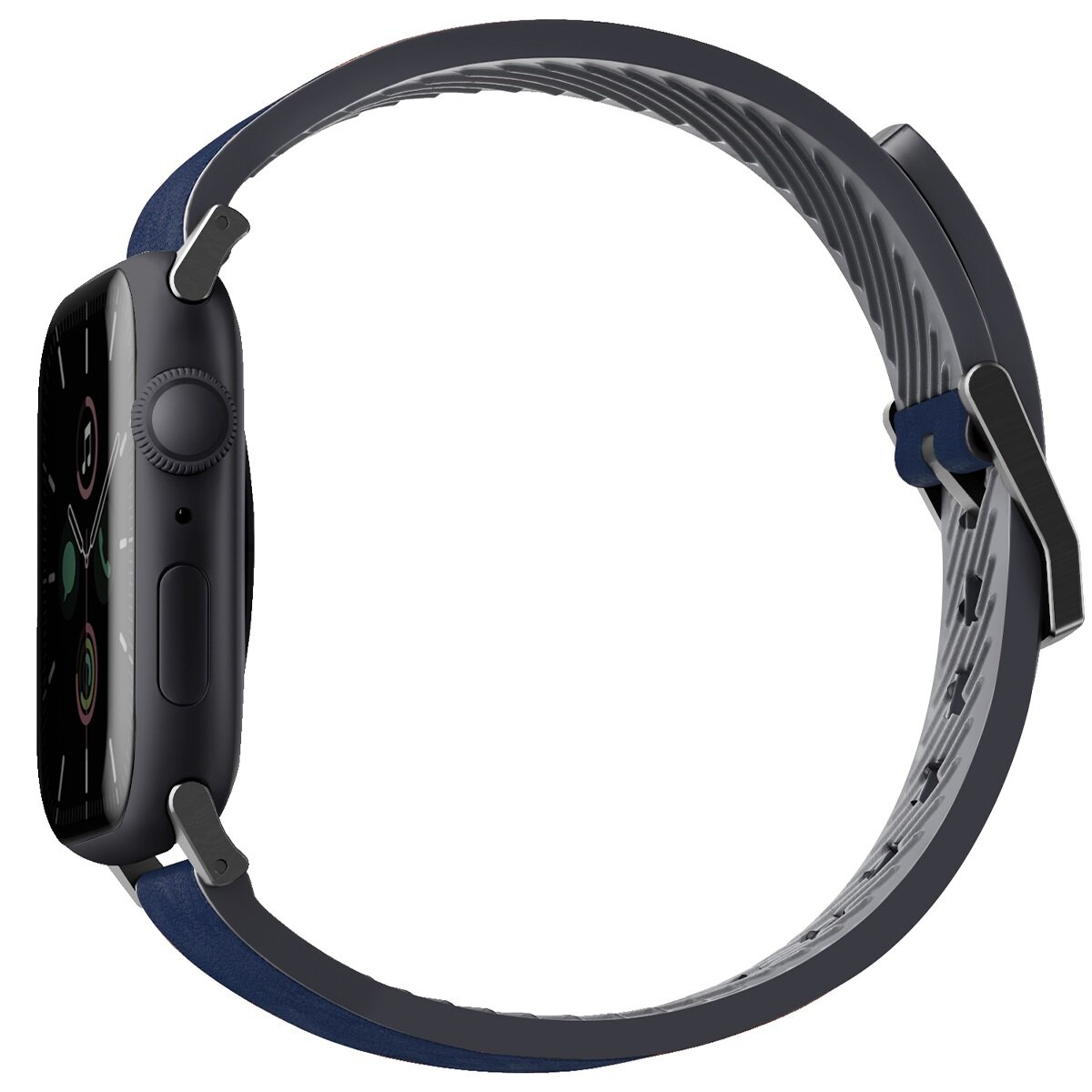 Widok z boku czarnego smartwatcha z ciemnoniebieskim paskiem.