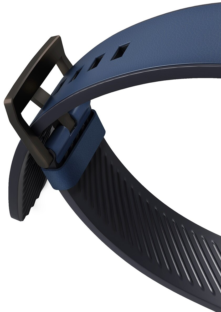 Zbliżenie niebieskiego paska do zegarka z czarną sprzączką.