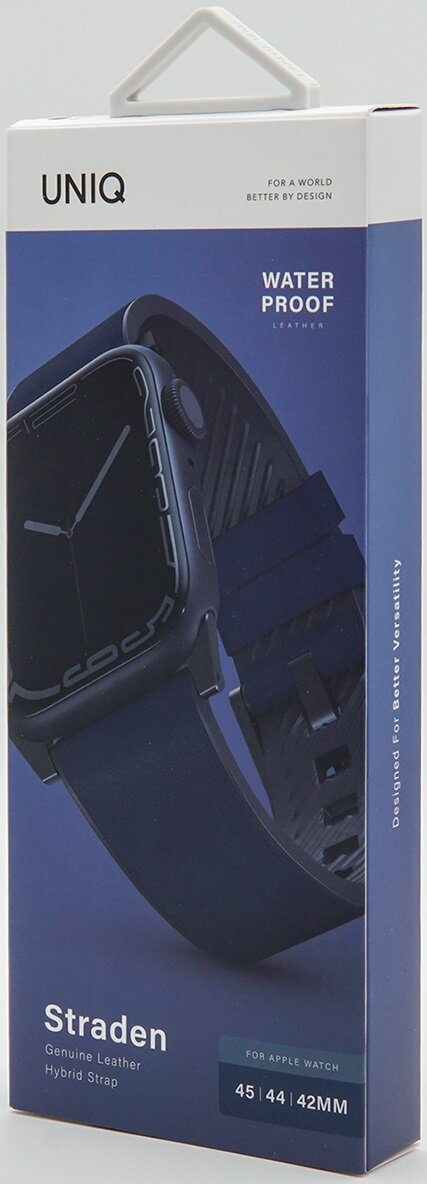 Pudełko na pasek do Apple Watch, z paskiem i zegarkiem widocznym z przodu.