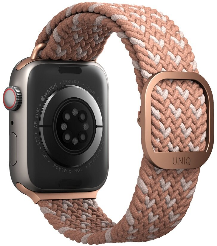 Smartwatch, ze srebrną kopertą i dwukolorowym, tkanym paskiem.