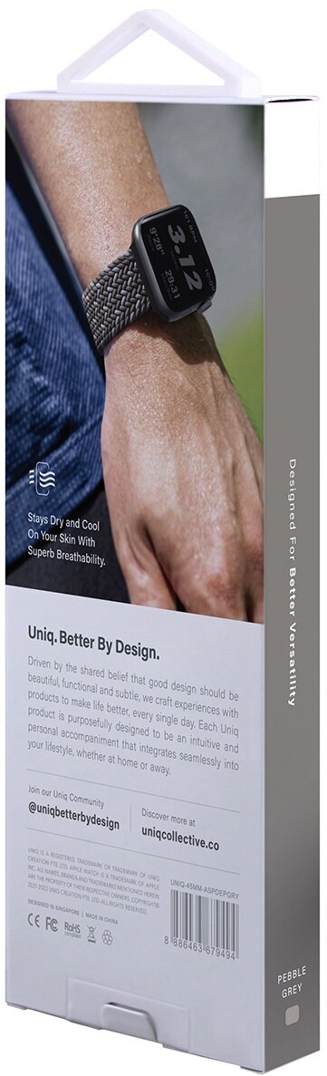 Opakowanie smartwatcha z szarym paskiem. Tekst na pudełku, białe tło.