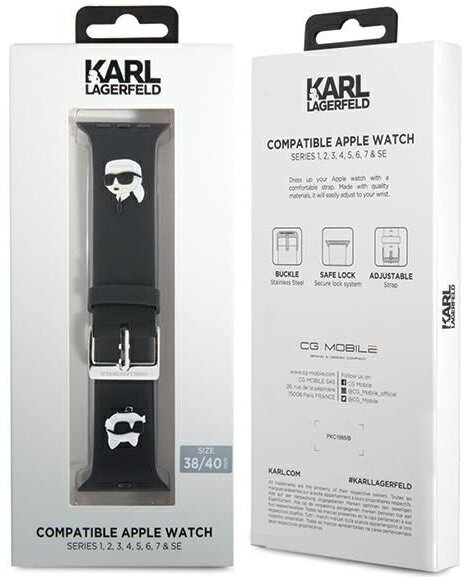 Opakowanie paska do Apple Watch Karl Lagerfeld, pokazujące pasek i markę.