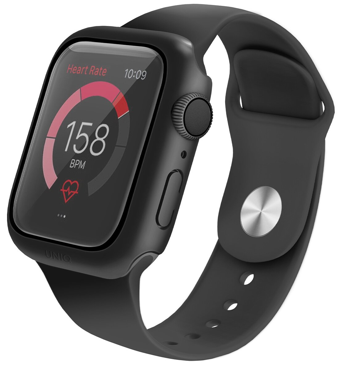 Czarny smartwatch z wyświetlaczem tętna i czasu.