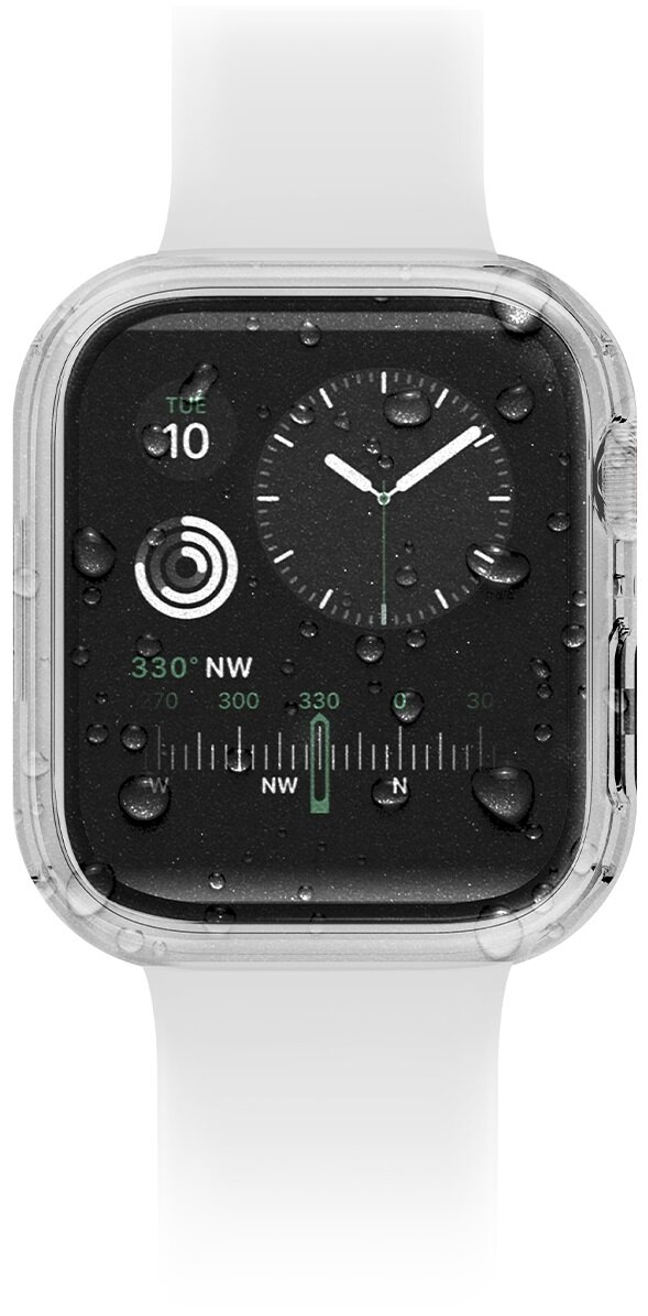 Apple Watch w przezroczystym etui, pokazujący ekran z kroplami wody.