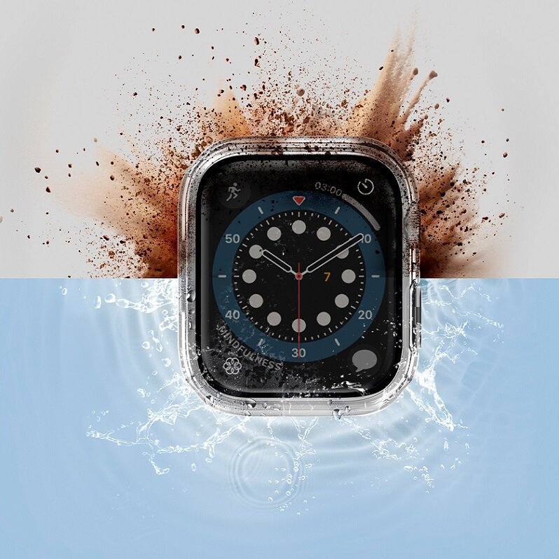 Apple Watch w przezroczystej obudowie, efekt wody i pyłu, na białym tle.