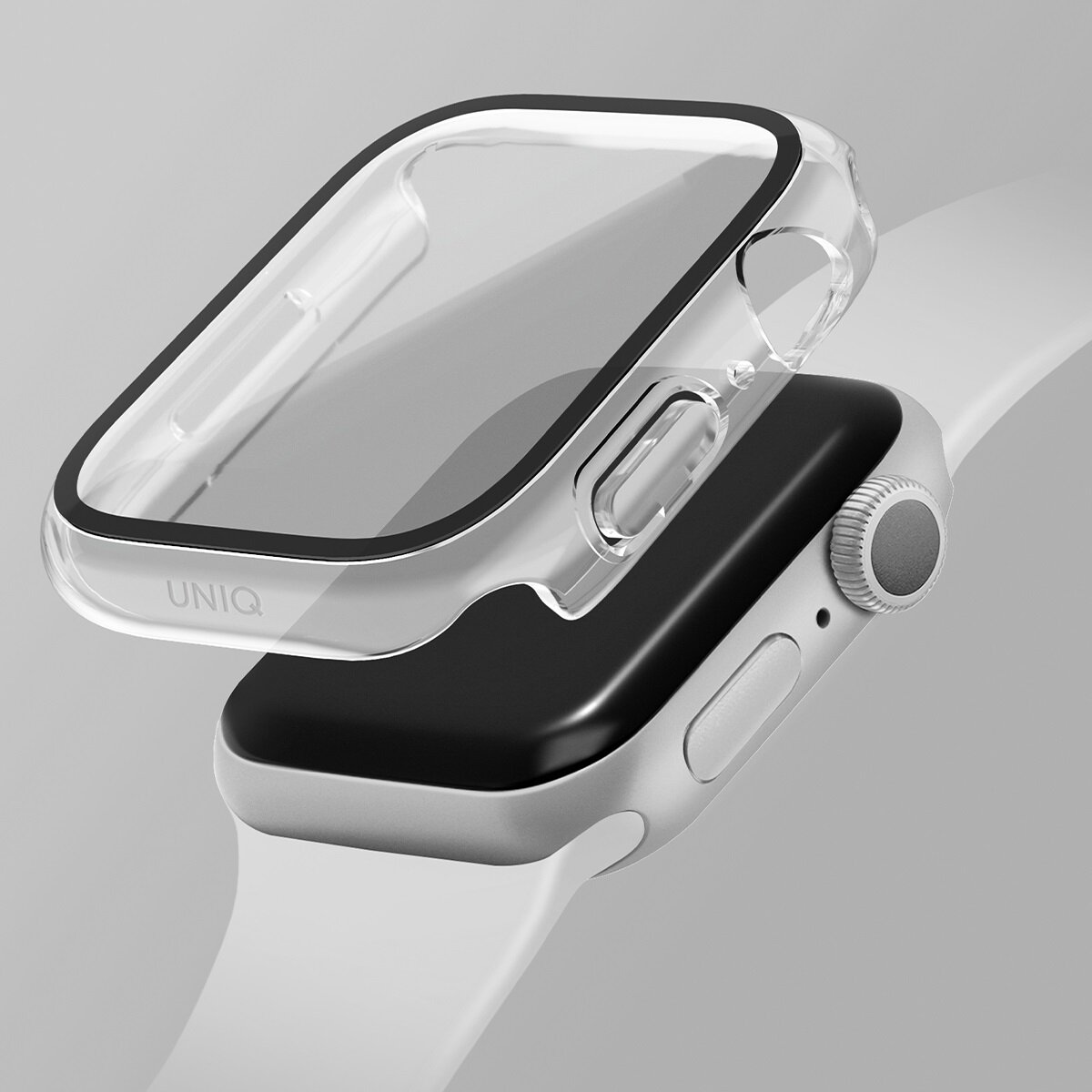 Apple Watch z przezroczystym etui ochronnym.