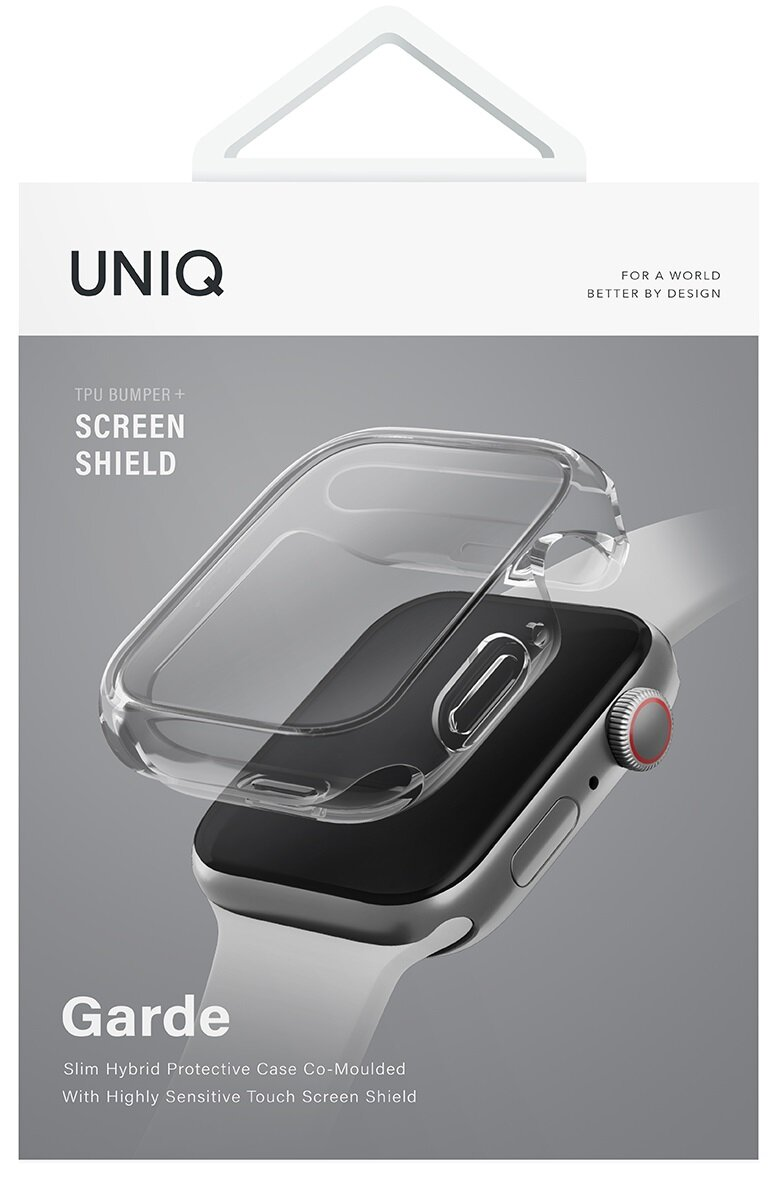 Zegarek z przezroczystą obudową, w pudełku z marką UNIQ.