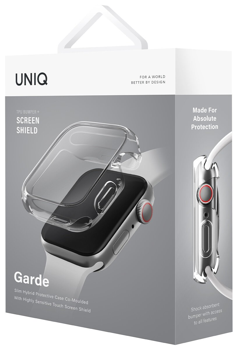 Pudełko na etui na zegarek, Apple Watch w środku. Tekst: Dla świata lepszego przez design. Stworzone dla Absolutnej Ochrony.