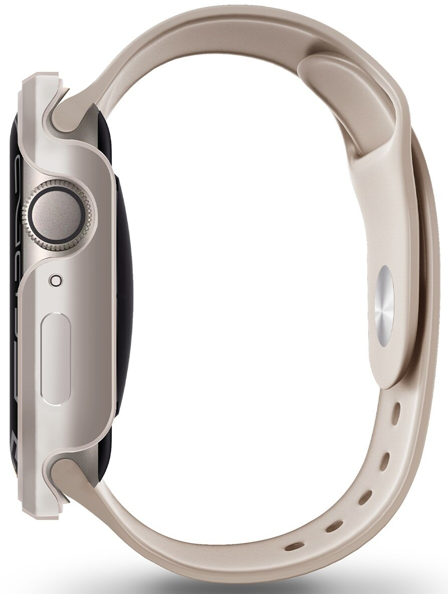 Widok z boku kremowego smartwatcha z paskiem. Widoczny przycisk i pokrętło.