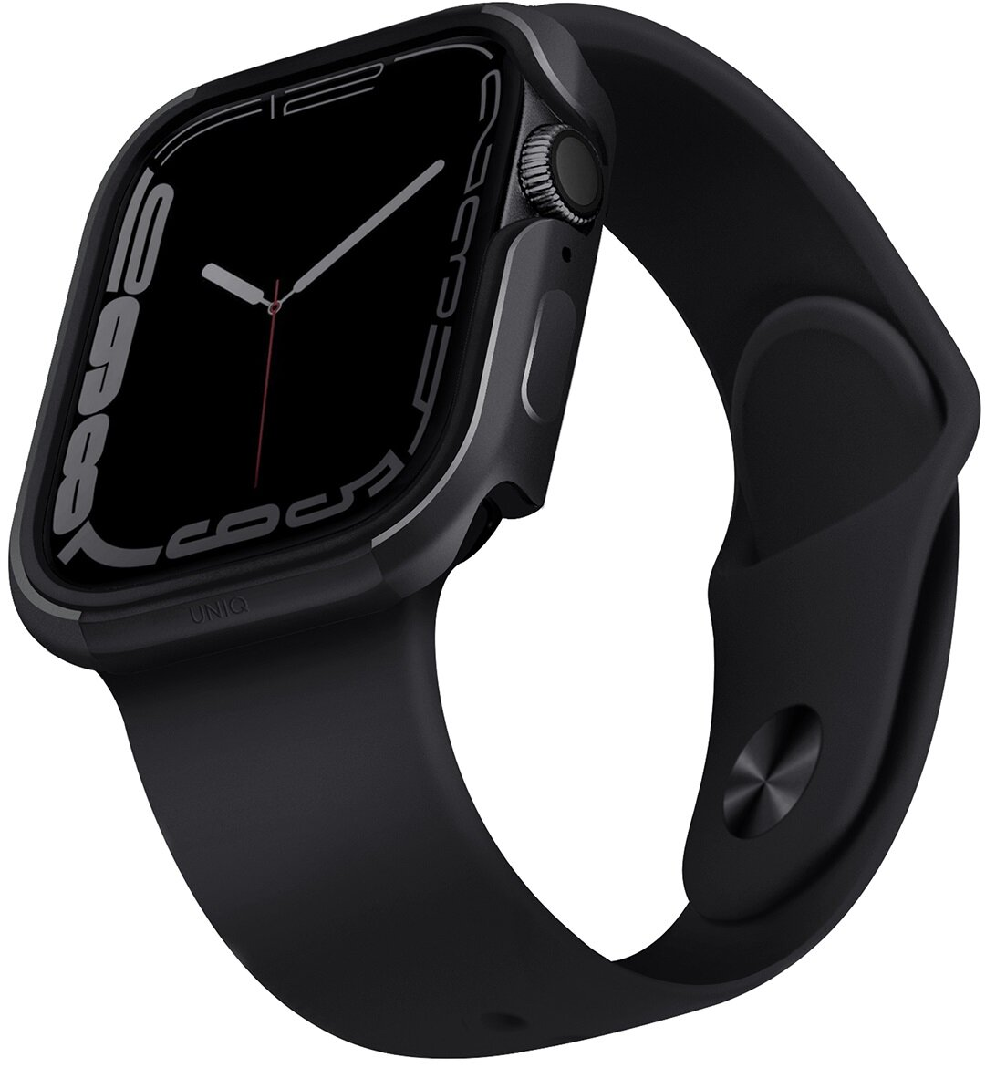 Czarny Apple Watch z czarnym paskiem, widok z boku, na białym tle.