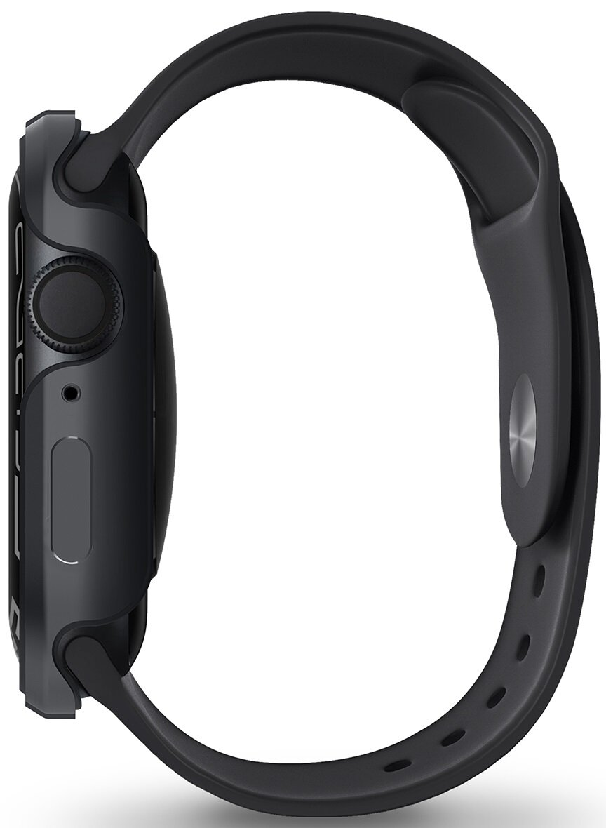 Czarny smartwatch, widok z boku. Czarny pasek i obudowa. Szare tło.