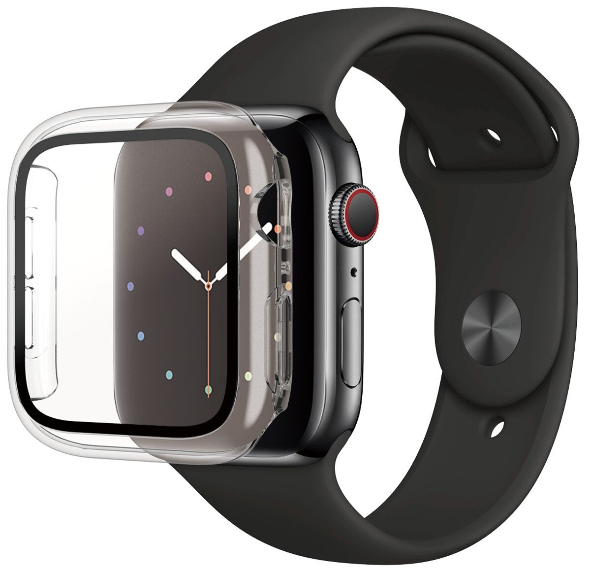 Apple Watch z przezroczystym etui ochronnym.