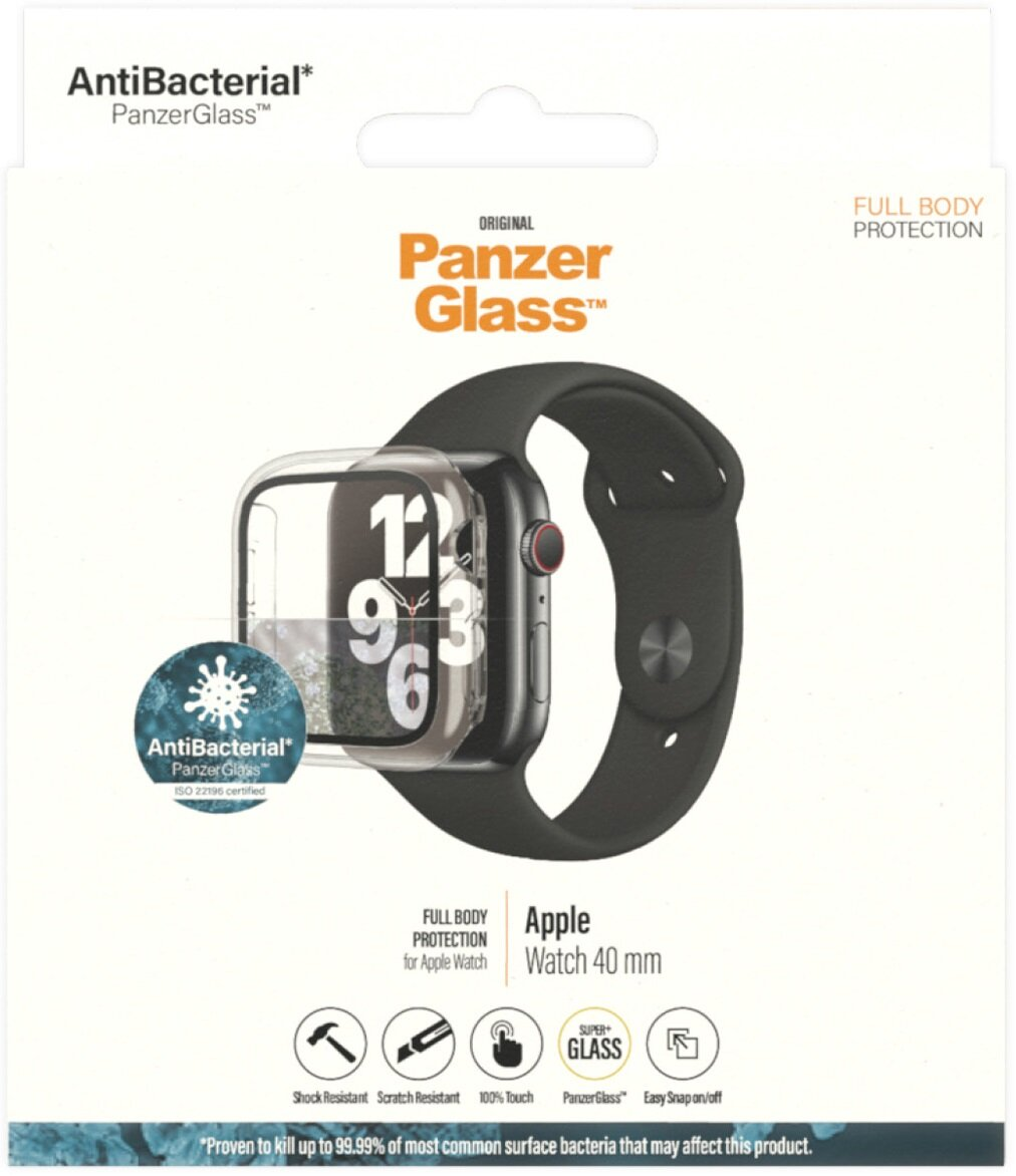 Białe opakowanie z osłoną ekranu PanzerGlass do Apple Watch 40 mm. Pełna ochrona ciała.