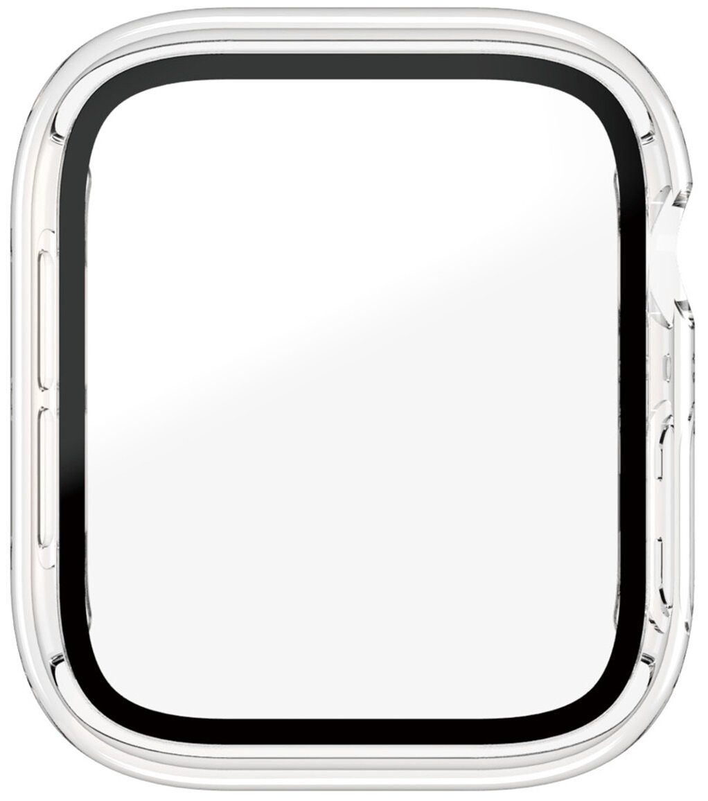 Przezroczysta obudowa Apple Watch z czarną ramką, pokazująca kształt zegarka i wycięcia na przyciski.