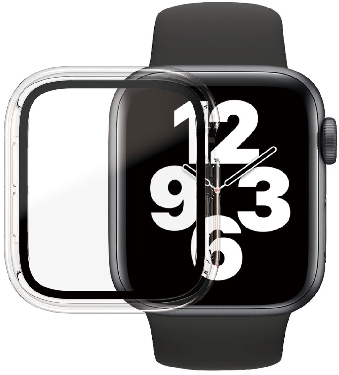 Smartwatch z osłoną ekranu, czarnym paskiem, na białym tle.