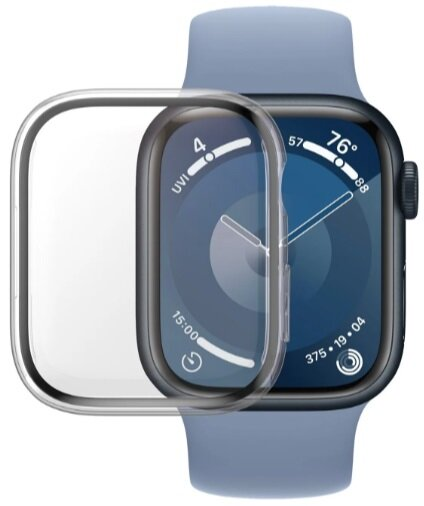 Smartwatch z przezroczystym etui ochronnym i niebieskim paskiem.